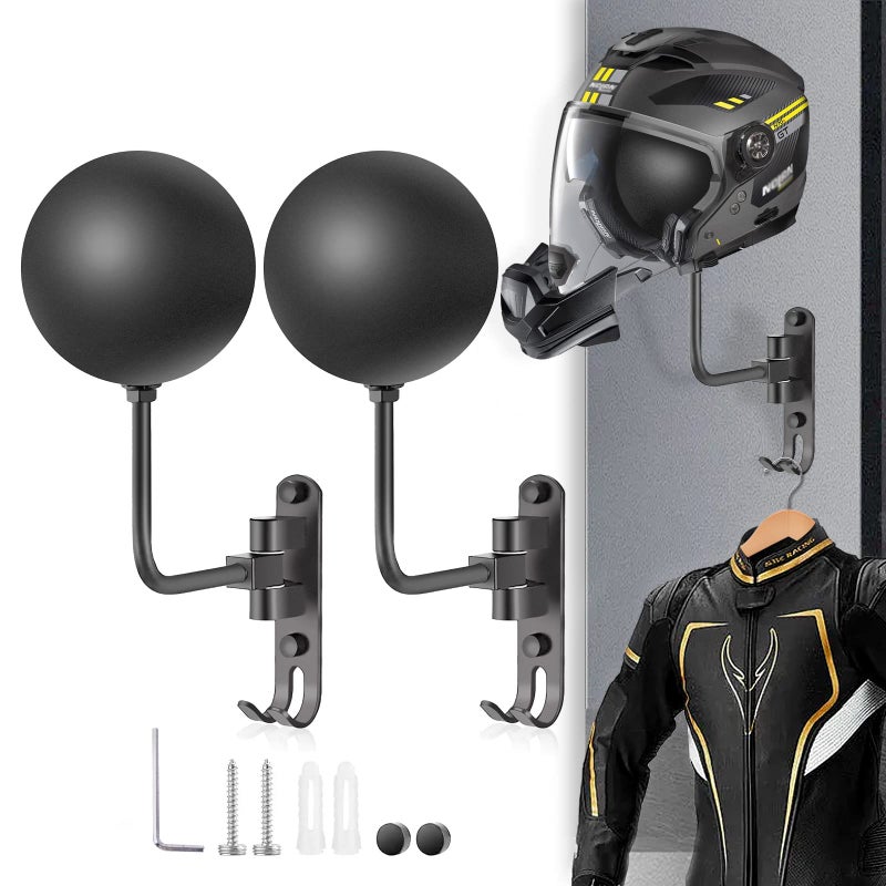 Kikerike Motorcycle Helmet Holder Wall Mount 180 Degree Rotation Metal Bike Helmet Rack Mount Bicycle Helmet Display Stand Hanger with 2 Hooks Accessories for Motorcycle Bike Baseball Rugby - Gray, 2 Pcs - Image 1